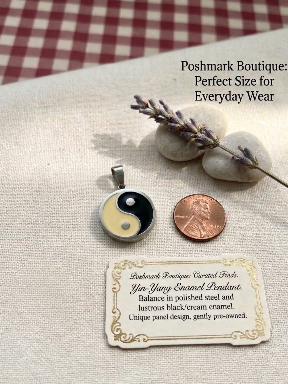 Small Yin-Yang Enamel Pendant in Black and Cream - Polished Steel